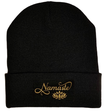 Black Cuffed Beanie with Black and Gold Handmade, Vegan Leather Namaste Lotus over your Third Eye