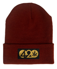 Load image into Gallery viewer, Beanie - Burgundy Buddha Beanie with Black & Gold Handmade Vegan Leather Cannabis, Flower of Life, Merkaba, Om, Eye of Horus, Mushrooms, Compass, Yin Yang Sun, Tree of Life, Triquetra, Ganesha, 420, Moons, Butterfly Patch over your Third Eye