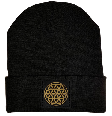 Beanie - Black cuffed w, Black and Gold Hand Made Flower of Life Vegan Leather patch over your Third Eye buddha gear