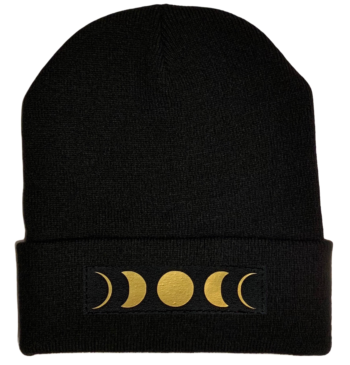 Beanies - Black Cuffed Buddha Beanie with Handmade Black and Gold Moon Phase patch over your Third Eye