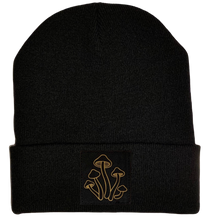 Load image into Gallery viewer, Beanie - Black cuffed w, Black and Gold Hand Made Mushroom, Vegan Leather Patch over your Third Eye by Buddha Gear