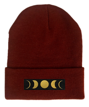 Load image into Gallery viewer, Beanie, Burgundy Buddha Beanie w Handmade moon phase patch buddha gear