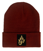 Load image into Gallery viewer, Beanie, Burgundy Buddha Beanie w Handmade ganesha ganapati elephant patch