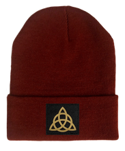 Load image into Gallery viewer, Beanie, Burgundy Buddha Beanie w Handmade celtic knot triquetra baby buddha gear