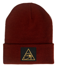 Load image into Gallery viewer, Beanie, Burgundy Buddha Beanie w Handmade eye of horus patch by buddha gear