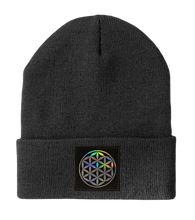 Load image into Gallery viewer, Beanie, Dark Grey with Hand Made Grey/Holographic Silver Vegan Leather Flower of Life Patch over your Third Eye