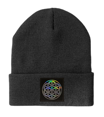 Beanie, Dark Grey with Hand Made Grey/Holographic Silver Vegan Leather Flower of Life Patch over your Third Eye