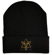 Load image into Gallery viewer, Beanie - Black cuffed w Hand Made Black and Gold Merkaba, Vegan Leather patch over your Third Eye