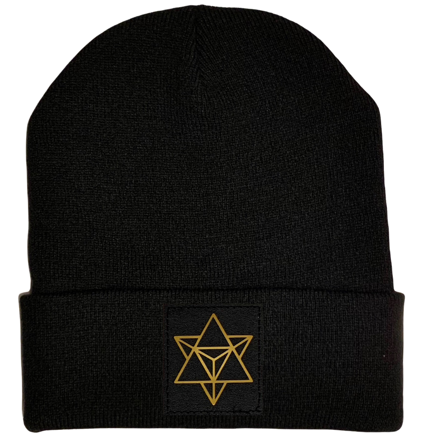 Beanie - Black cuffed w Hand Made Black and Gold Merkaba, Vegan Leather patch over your Third Eye