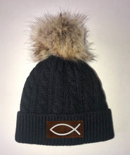 Load image into Gallery viewer, Beanies - Buddha Gear, Black Plush Baby Pom Pom Beanie with Om, Lotus, Moons, Tree of Life, Unicorn, Namaste, Infinite Love, Flower of Life & Ichthus. All Vegan, Hand Made Sacred Geometry Patches.