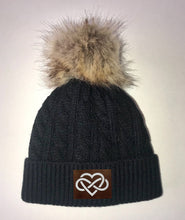 Load image into Gallery viewer, Beanies - Buddha Gear, Black Plush Baby Pom Pom Beanie with Om, Lotus, Moons, Tree of Life, Unicorn, Namaste, Infinite Love, Flower of Life & Ichthus. All Vegan, Hand Made Sacred Geometry Patches.