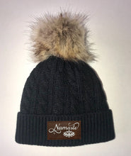 Load image into Gallery viewer, Beanies - Buddha Gear, Black Plush Baby Pom Pom Beanie with Om, Lotus, Moons, Tree of Life, Unicorn, Namaste, Infinite Love, Flower of Life & Ichthus. All Vegan, Hand Made Sacred Geometry Patches.