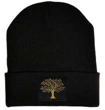 Load image into Gallery viewer, Celtic Beanie - Black cuffed w, Black and Gold Hand Made Tree of Life, Vegan Leather patch over your Third Eye buddha gear
