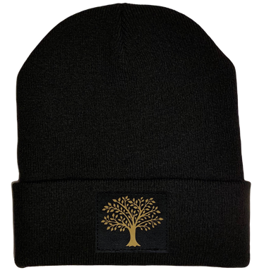 Celtic Beanie - Black cuffed w, Black and Gold Hand Made Tree of Life, Vegan Leather patch over your Third Eye buddha gear