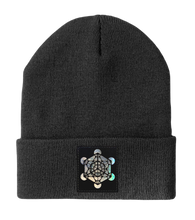 Load image into Gallery viewer, Beanie - Dark Grey w Hand Made Grey/Holographic Silver Vegan Leather Metatron&#39;s Cube Patch