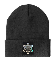 Load image into Gallery viewer, Beanie - Dark Grey w Hand Made Grey/Holographic Silver Vegan Leather Metatron's Cube Patch