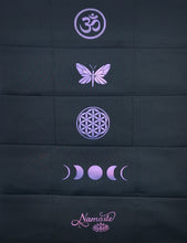 Load image into Gallery viewer, Sacred Geometry Buddha Band - Yoga, meditation headband Hand made Buddha Band with hidden pocket to hold a crystal over your third eye w Om, Butterfly, Flower of Life, Moon Phase, Namaste Symbol