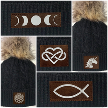 Load image into Gallery viewer, Beanies - Buddha Gear, Black Plush Baby Pom Pom Beanie with Om, Lotus, Moons, Tree of Life, Unicorn, Namaste, Infinite Love, Flower of Life & Ichthus. All Vegan, Hand Made Sacred Geometry Patches.