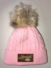 Load image into Gallery viewer, Pink Plush Baby Pom Pom Beanie with Om, Lotus, Moons, Tree of Life, Unicorn, Namaste, Infinite Love, Flower of Life & Ichthus. All Vegan, Hand Made Patches Buddha Gear Yoga Wear Yoga Clothing