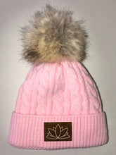 Load image into Gallery viewer, Buddha Gear Buddha Wear Yoga Clothing Pink Plush Baby Pom Pom Beanie with Om, Lotus, Moons, Tree of Life, Unicorn, Namaste, Infinite Love, Flower of Life & Ichthus. All Vegan, Hand Made Patches.