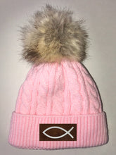 Load image into Gallery viewer, Buddha Gear Buddha Beanies Pink Plush Baby Pom Pom Beanie with Om, Lotus, Moons, Tree of Life, Unicorn, Namaste, Infinite Love, Flower of Life & Ichthus. All Vegan, Hand Made Patches Yoga clothing