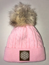Load image into Gallery viewer, Yoga Clothing Pink Plush Baby Pom Pom Beanie with Om, Lotus, Moons, Tree of Life, Unicorn, Namaste, Infinite Love, Flower of Life & Ichthus. All Vegan, Hand Made Patches Buddha Gear Buddha Wear