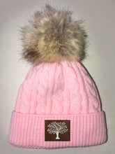 Load image into Gallery viewer, Yoga Clothing Buddha gear Pink Plush Baby Pom Pom Beanie with Om, Lotus, Moons, Tree of Life, Unicorn, Namaste, Infinite Love, Flower of Life & Ichthus. All Vegan, Hand Made Patches