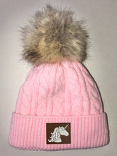 Load image into Gallery viewer, Yoga headwear Buddha Gear Pink Plush Baby Pom Pom Beanie with Om, Lotus, Moons, Tree of Life, Unicorn, Namaste, Infinite Love, Flower of Life & Ichthus. All Vegan, Hand Made Patches.
