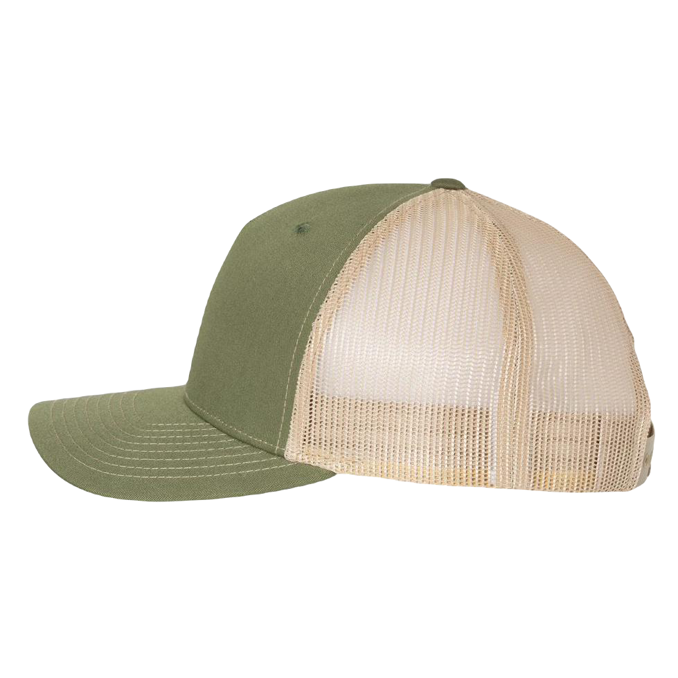 Richardson 112, five panel trucker hat, olive/tan with Tree of Life –  Buddha Gear