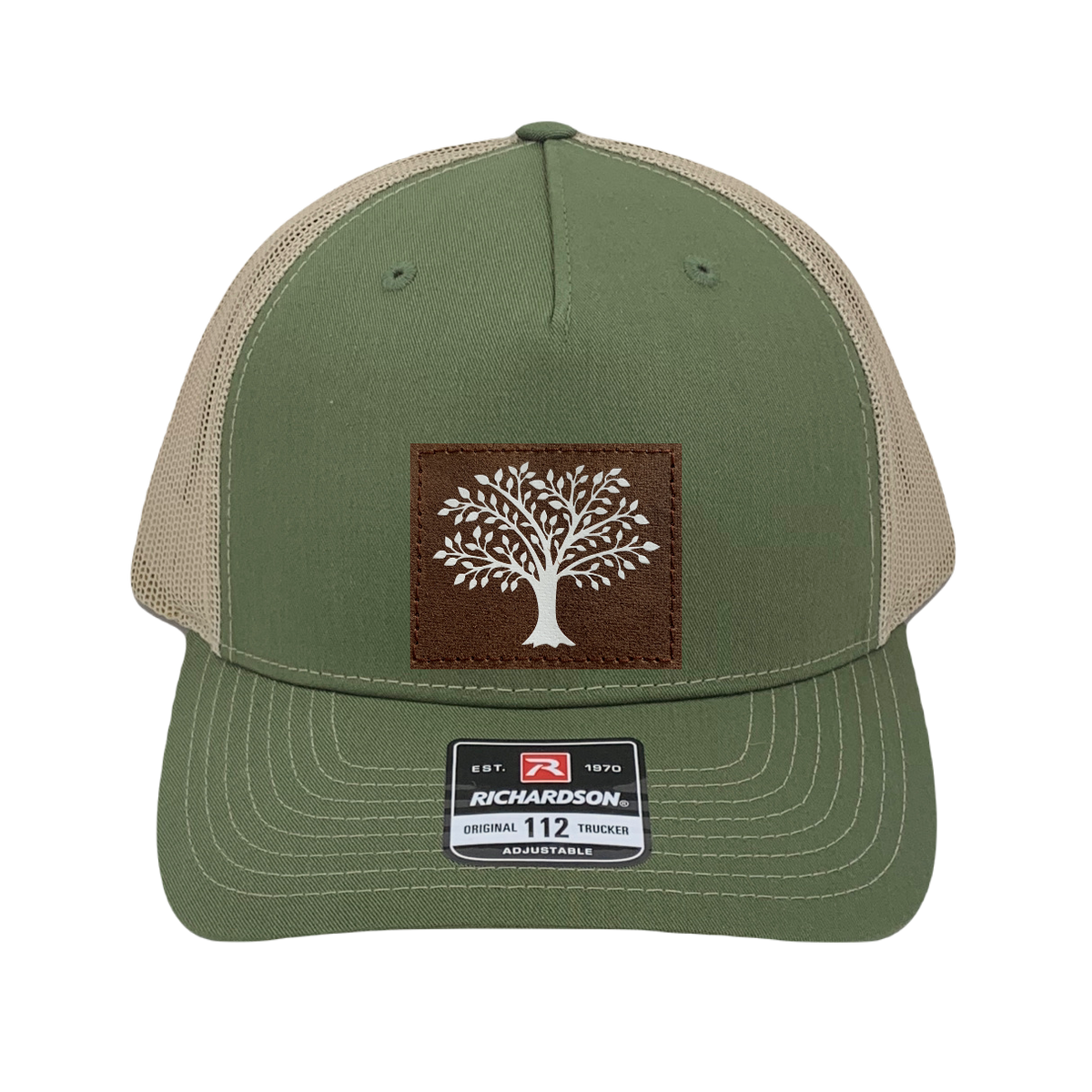 Richardson 112, five panel trucker hat, olive/tan with Tree of 