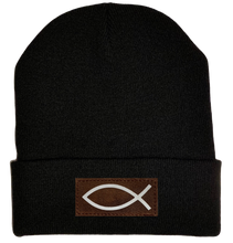 Load image into Gallery viewer, Beanie - Black, cuffed Beanie with  Christian Fish Ichthus buddha gear