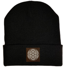 Load image into Gallery viewer, Beanie - Black, cuffed Beanie with flower of life vegan patch by buddha gear