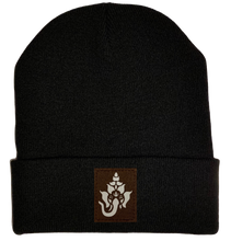 Load image into Gallery viewer, Beanie - Black, cuffed Beanie with ganesha elephant hindu vegan leather yoga hat by buddha gear