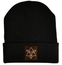 Load image into Gallery viewer, Beanie - Black, cuffed Beanie with sacred geometry merkaba buddha gear