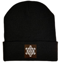 Load image into Gallery viewer, Beanie - Black, cuffed Beanie with Archangel Metatron's cube sacred geometry buddha gear