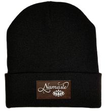 Load image into Gallery viewer, Beanie - Black, cuffed Beanie with namaste lotus vegan leather buddha gear