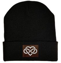 Load image into Gallery viewer, Beanie - Black, cuffed Beanie with vegan leather infinite love buddha gear