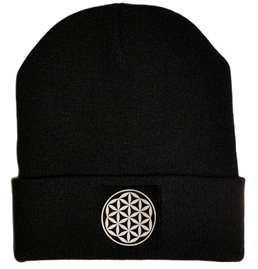 Black Beanie with Flower of life vegan leather yoga patch over your third eye by buddha gear