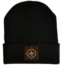 Load image into Gallery viewer, Beanie - Black, cuffed Beanie with camping compass vegan leather by buddha gear
