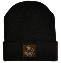 Load image into Gallery viewer, Beanie - Black, cuffed Beanie with mushrooms plant medicine vegan leather patch by buddha gear
