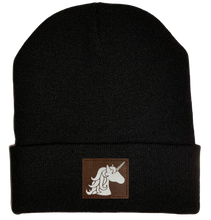 Load image into Gallery viewer, Beanie - Black, cuffed Beanie with unicorn buddha gear