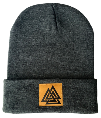 Charcoal Grey Beanie with Hand Made Mustard and Black, Vegan Leather Valknut Symbol