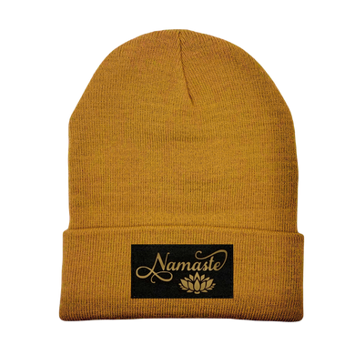 Beanie - Carmel Brown with Hand Made, Black/Gold Vegan Leather Namaste Lotus Patch by Buddha Gear 