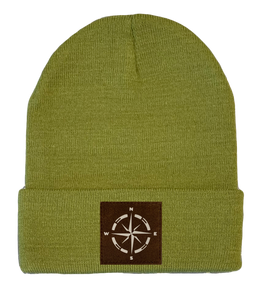 cuffed beanie, knitted hat with hiking camping compass patch by buddha gear