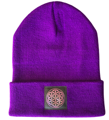 Purple Cuffed Beanie with Black and Holographic Purple Vegan Leather Flower of Life Symbol over your Third Eye by Buddha Gear 