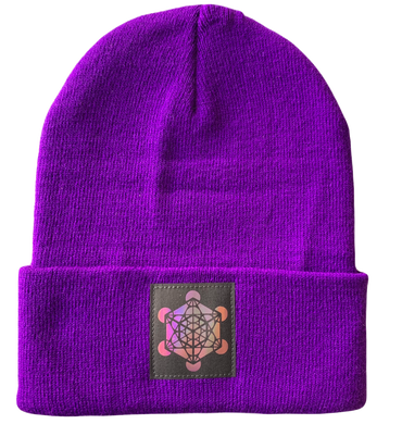 Purple Beanie with Handmade, Vegan Leather Metatron's cube patch over your Third Eye by Buddha Gear