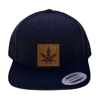 Yupoong 6089 Flat Bill, Hat / Visor with Green Under Bill and Handmade Vegan Leather Brown/White Cannabis Patch by Buddha Gear.