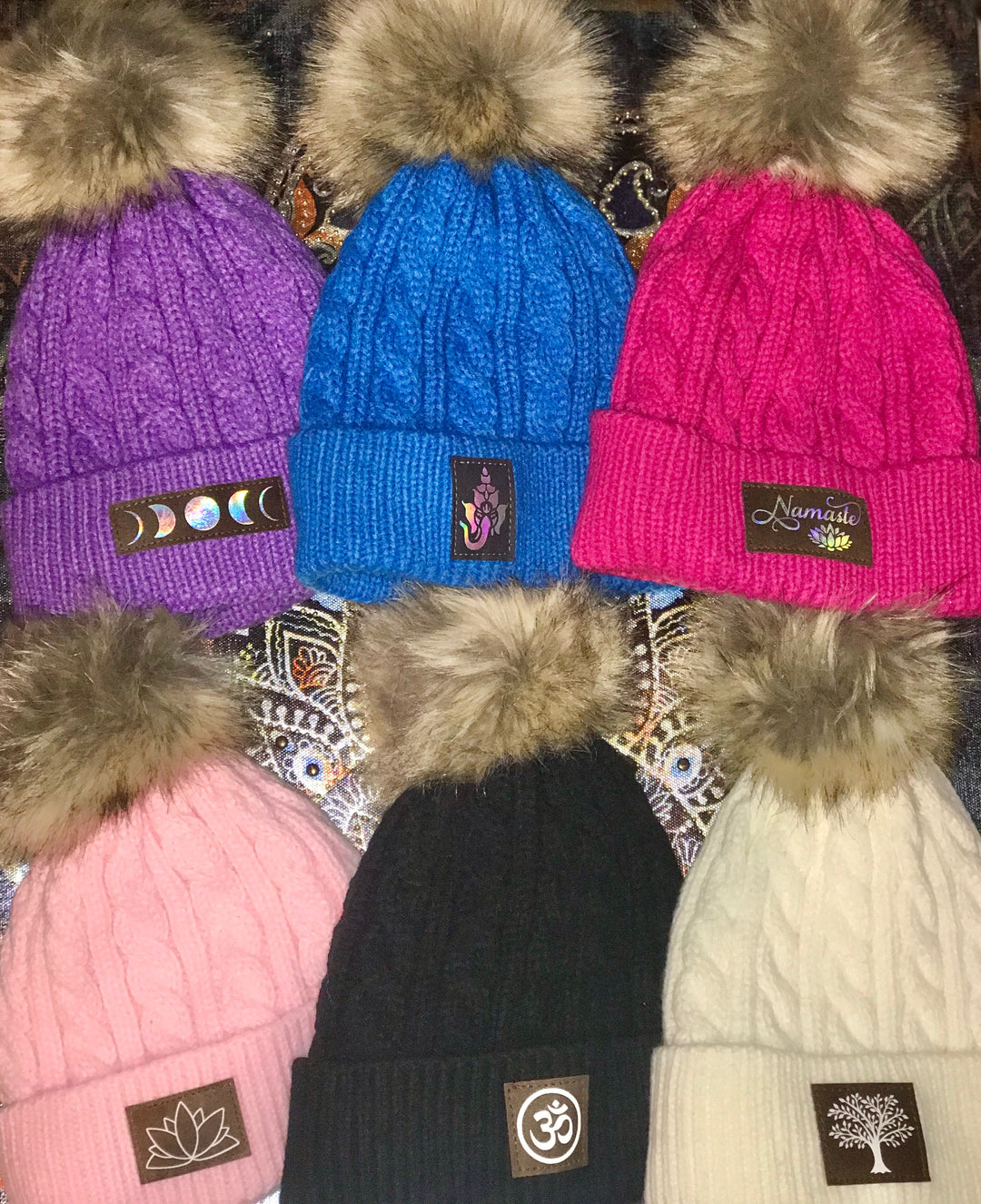 Buddha Gear Gorgeous, Baby Plush, Blanket Lined Pom Pom Beanies with Vegan Patches and Removable Pom. So cute and perfect for a Mommy and Me Combo! Baby Yoga wear Baby Beanie, w Ganesha, Namaste, Om, Lotus, Moons