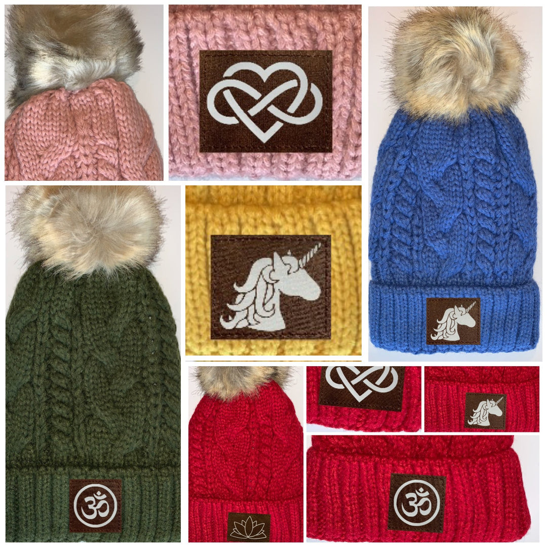 plush pom pom blanket lined beanies with sacred geometry flower of life on ganesha hearts unicorns universal sacred symbols buddha wear yoga wear yoga clothing