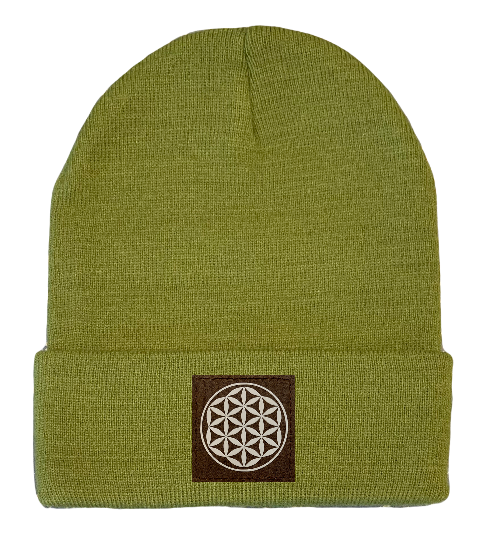 Cuffed Beanie withFlower of Life vegan leather yoga patch by buddha gear